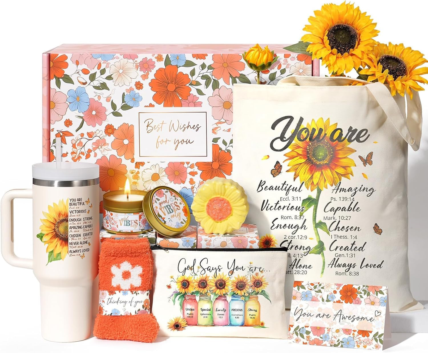 Christian Gifts for Women Faith, Religious Catholic Mothers Day Gifts for Women Mom Grandma Sister Coworker Inspirational Spiritual Sunflower Gift Birthday Gift for Woman with Makeup Bag 40 OZ Tumbler