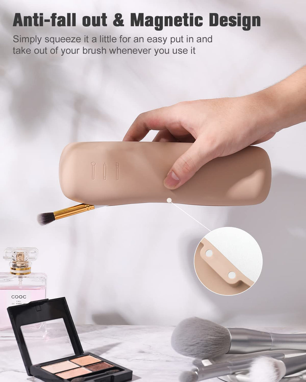 Large Travel Makeup Brush Holder, Magnetic Anti-Fall Out Silicon Portable Cosmetic Face Brushes Holder, Soft and Sleek Makeup Tools Organizer for Travel- (8.27 * 2.36 * 1.57)