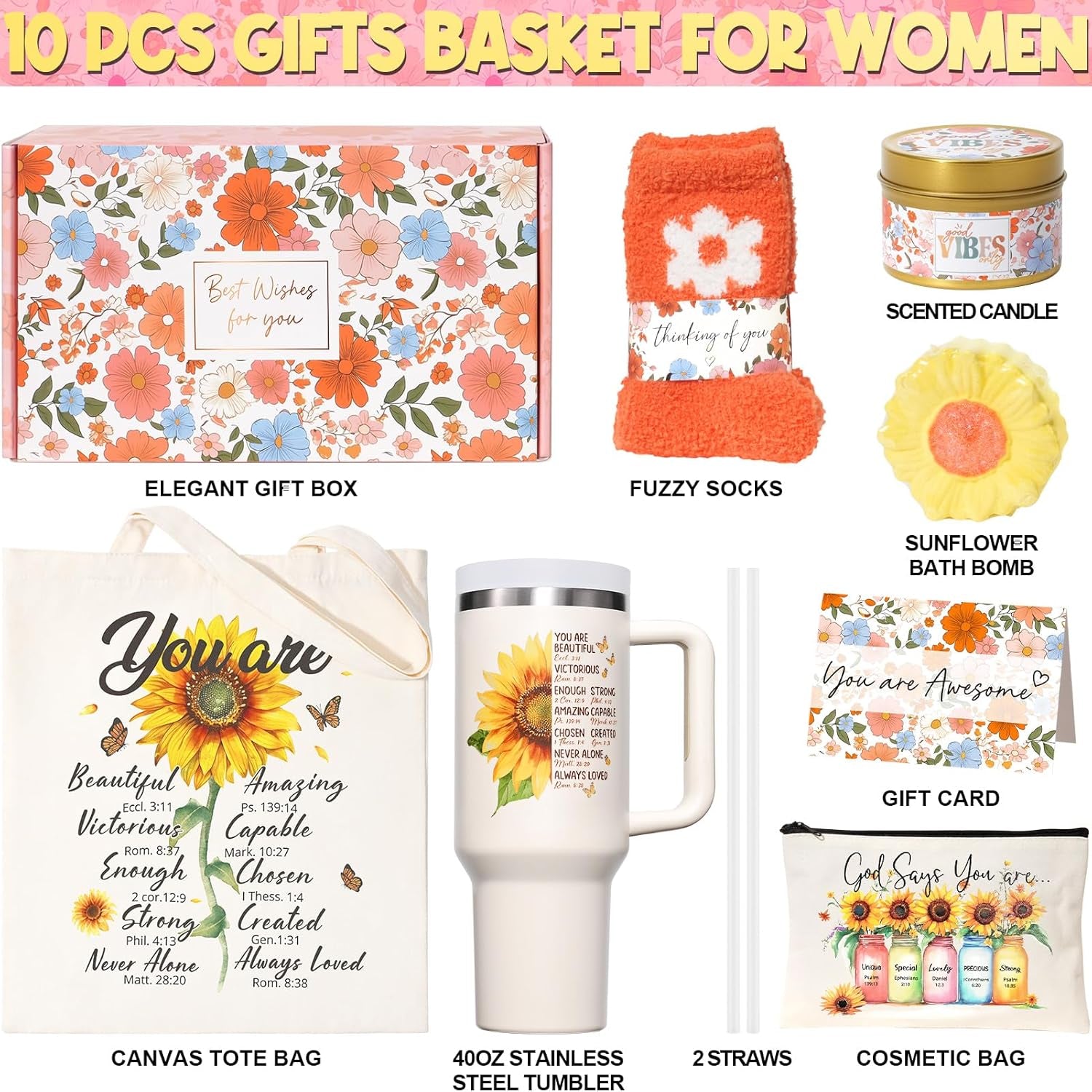 Christian Gifts for Women Faith, Religious Catholic Mothers Day Gifts for Women Mom Grandma Sister Coworker Inspirational Spiritual Sunflower Gift Birthday Gift for Woman with Makeup Bag 40 OZ Tumbler
