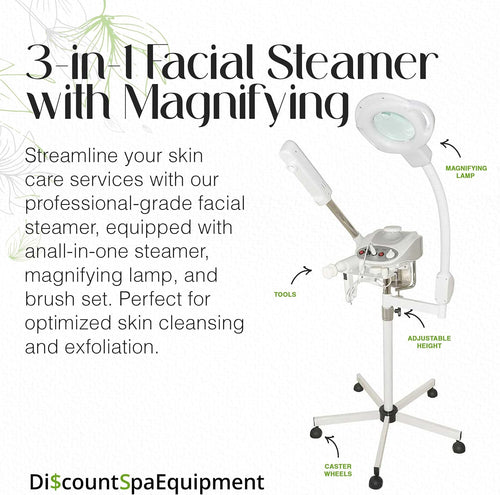 3-In-1 Ozone Facial Steamer, Facial Steamer for Esthetician with 5X Diopter Magnifying Lamp, 5-Piece Brush Set, Silent Timer & Aromatherapy, Facial Steamer Professional